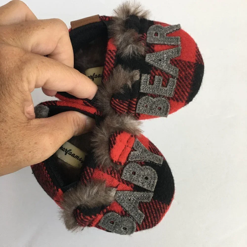 Dearfoams Christmas Baby Bear Red Black Buffalo Plaid Slippers - Size 6-9 Months